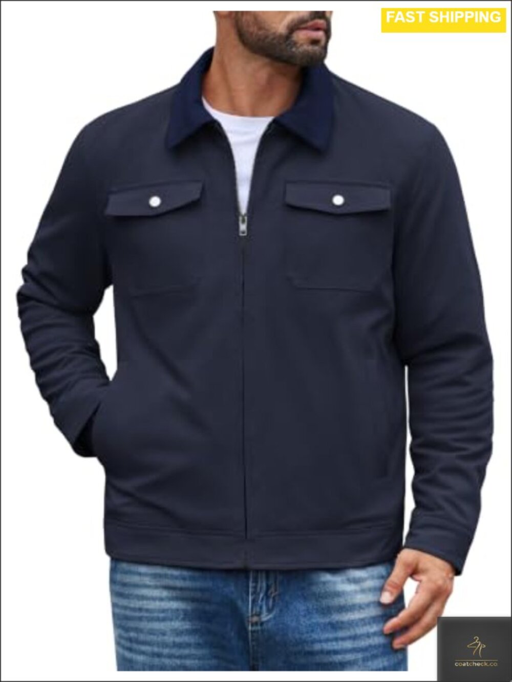Men's Quilted Lined Work Jacket Corduroy Collar Zip Fall Winter Coat